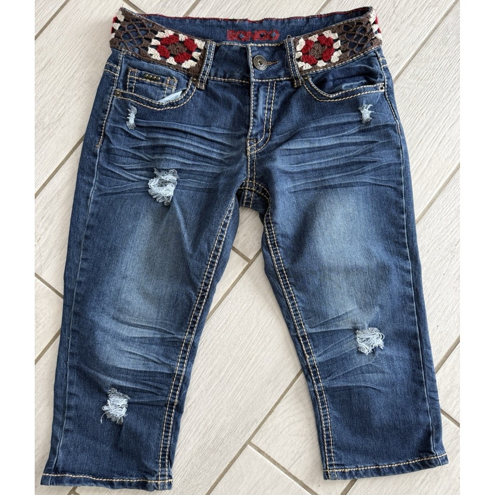Bongo Womens Y2K Low Rise Distressed Capri Jeans Blue Crochet Waistband Size 11
